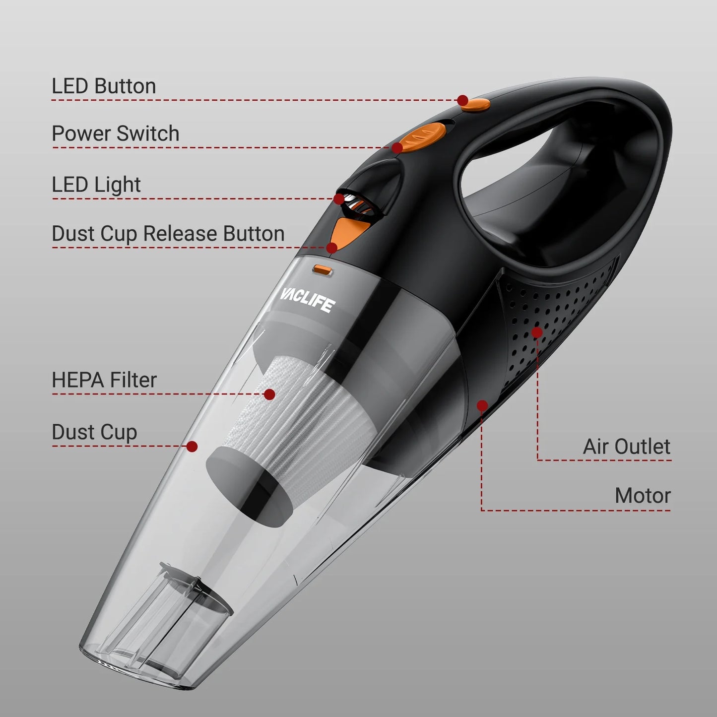 Handheld Vacuum, Car Vacuum Cleaner Cordless, Mini Portable Rechargeable Vacuum Cleaner with 2 Filters, Orange (VL189)