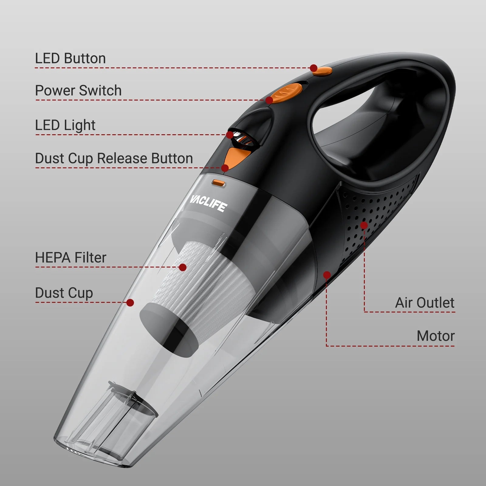 Handheld Vacuum, Car Vacuum Cleaner Cordless, Mini Portable Rechargeable Vacuum Cleaner with 2 Filters, Orange (VL189)