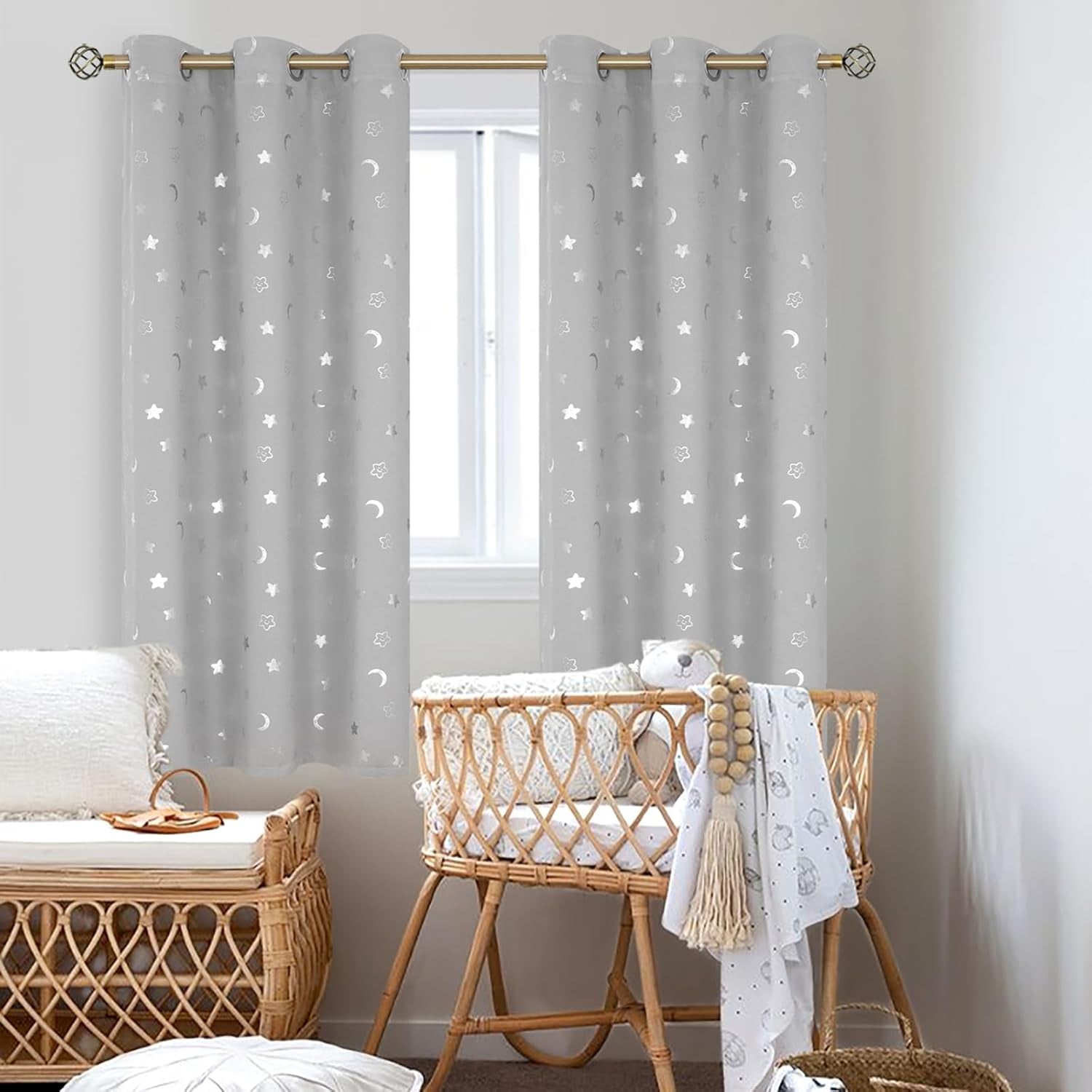 Moon and Stars Blackout Curtains for Kids Bedroom, Grommet Thermal Insulated Room Darkening Printed Curtains for Nursery, 2 Panels of 42 X 63 Inch, Light Grey