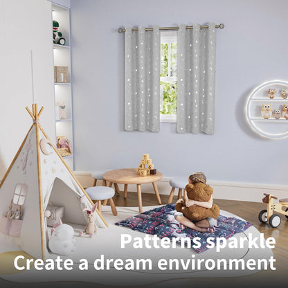 Moon and Stars Blackout Curtains for Kids Bedroom, Grommet Thermal Insulated Room Darkening Printed Curtains for Nursery, 2 Panels of 42 X 63 Inch, Light Grey